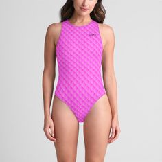 This performance-ready One-Piece Zip-back Swimsuit is fully-lined and made from a technical spandex/polyester fabric with four-way stretch and features a high neckline with a back zipper. Mix and Match with DiveCupid Swim Coverup Dresses, Rash Guard Tops, Rash Guard Pants or running shorts  * Engineered for support and coverage  * Spandex/polyester blend fabric with four-way stretch  * Fully-lined tricot polyester to combat any transparency   * Flatlock construction  * UPF 50+ & moisture-wicking   * Manufactured in USA High Stretch Leotard For Swimming, Fitted Technical Swimwear For Swimming, Technical Fitted Swimwear For Swimming, Pink Racerback Swimwear Stretch Fit, Pink Racerback Stretch Swimwear, Pink Stretch Racerback Swimwear, Stretch Sleeveless Swimwear For Diving, Technical Fitted Swimwear For Training, Fitted Sports Bodysuit With Moderate Back Coverage