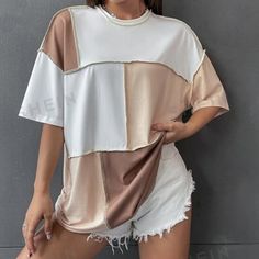 Cute Shirt Excellent Used Condition, Check My Reviews Just Trying To Clear Out My Closet Send Me An Offer Or Bundle Anything Colorblock Top, Crochet T Shirts, Beige Shirt, Cute Gym Outfits, Color Block Top, Womens Tops Summer, Simple Trendy Outfits, Oversized Tee, Top Stitching