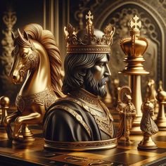 a golden chess set with a statue of king george the great and his horse, as well as other figurines