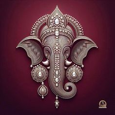 an intricately designed elephant head on a red background