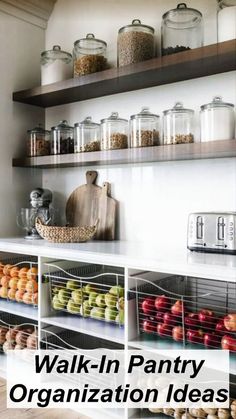 an organized pantry with lots of food items on shelves and the words walk - in pantry organization ideas