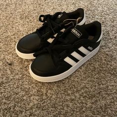 New With Tag; Black And White Adidas Adidas School Sneakers, Adidas Sporty Sneakers For School, Sporty Adidas Sneakers For School, Adidas Low-top Sneakers For School, Adidas Black Skate Shoes With Round Toe, Adidas Black Round Toe Skate Shoes, Adidas Black Casual Skate Shoes, Black Adidas Casual Skate Shoes, Casual Black Adidas Skate Shoes