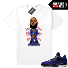 "Winter Blue 4s Jordan matching shirt by Sneaker Match Tees brand. Official Sneaker Match Tees shirt designed to match the Jordan 4 \"Winter Blue\" retro sneakers. *Sneakers are for matching purposes only, NOT included in the sale* True to size Men's shirt 100% Soft Cotton Regular Fit" Throwback Blue T-shirt For Streetwear, Jordan 13 Starfish, 4s Jordans, Blue 4s, Nipsey Hussle, Winter Blue, Jordan Shirts, Sneaker Match Tees, Sneaker Tee