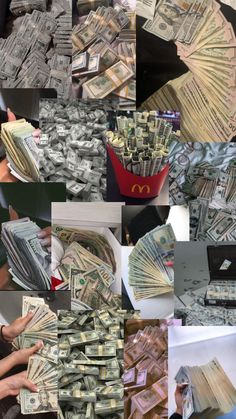 collage of photos showing various stacks of money