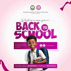 the back to school flyer is shown with a young boy smiling and holding a book