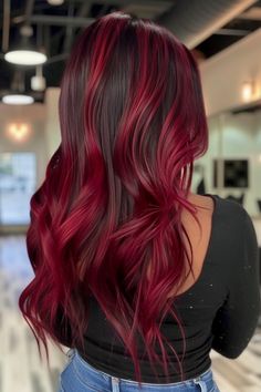 Halo Hair Color, Red Halo Hair, Dark Brown Long Hair, Red Highlights In Brown Hair, Bold Highlights, Burgundy Balayage, Ideas For Brown Hair, Balayage Ideas