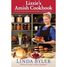 the cover of lizzie's amish cookbook shows a woman holding a plate of food