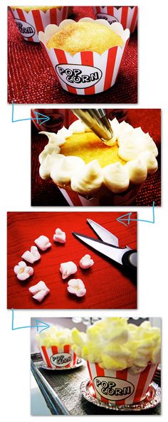 three pictures showing how to make cupcakes with icing and marshmallows