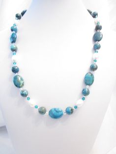 Necklace of Blue (Dyed) Crazy Lace Agate, White Freshwater Pearls, and Swarovski Crystal Accents, Amazonite Jewelry, Necklace Ideas, Clasp Necklace, Small Flat, Matching Jewelry, Chain Extenders, White Freshwater Pearl, Crazy Lace Agate, Blue Zircon