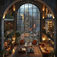 a living room filled with lots of furniture and large windows overlooking the city at night