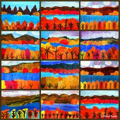 four different fall scenes with trees and mountains in the background, all painted by children