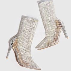 Lucite, Rhinestone & Mesh Fabric Upper Back Zipper Closure Pointed Toe Synthetic Lining Padded Footbed Approx. 4" Shaft Height Approx. 9" Leg Opening 4" Covered Stiletto Heel Synthetic Sole Imported Charles David, Stiletto Heel, Mesh Fabric, Bootie, Stiletto Heels, Bootie Boots, Ankle Boots, Mesh, Women Shoes