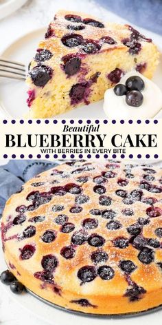 a blueberry cake on a plate with a slice cut out