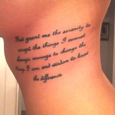 a woman with a tattoo on her back saying, so grant me the authority to accept the things i cannot't change