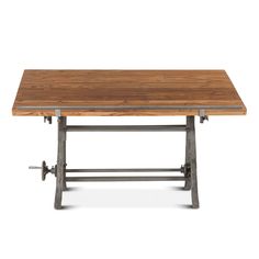 a wooden table with metal legs and a wood top on an isolated white background,