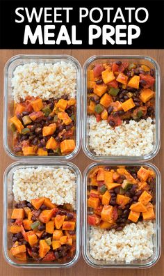 four glass containers filled with rice, beans and sweet potato meal prep