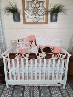 I Want it All 6pc set includes: skirt, sheet, 32x42 blanket, long rail guard, 12x16 pillow cover, and changing pad cover Baby Girl Western Nursery, Country Baby Girl Nursery, Western Baby Bedding, Western Baby Girls, Country Baby Rooms, Western Nursery, Cow Nursery, Girl Crib Bedding, Cowgirl Nursery