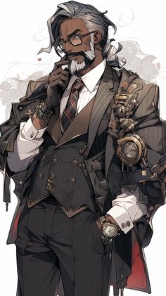 Clockmaker Character Design, Strategist Character, Steampunk Man Art, Mayor Character Design, Steampunk Oc Male, D&d Artificer, Dnd Steampunk Character, Fantasy Engineer, Researcher Character Design