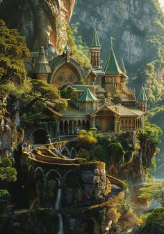 an artistic painting of a castle in the middle of a mountain with trees and mountains surrounding it