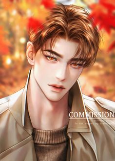 a man with brown hair and orange eyes wearing a trench coat in front of autumn leaves