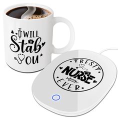 a white coffee mug with the words i will stab you on it and a nurse's stethoscope next to it