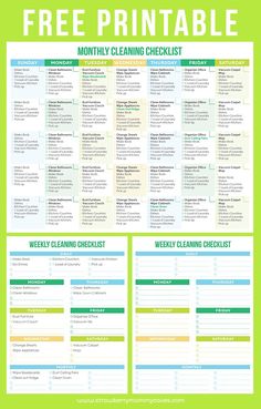 the free printable cleaning checklist is shown in green and white, with text that reads