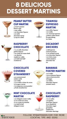 Dessert Martinis Andes Mint Martini, Easy Dessert Cocktails, Martini Glass Recipes, Martini Glass Desserts, Yummy Martini Recipes, Dessert And Cocktail Pairing, Tiramisu Martini Recipe, London Fog Martini, Tiramisu Espresso Martini