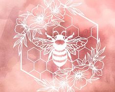 a drawing of a bee and flowers on a pink watercolor background with the words honey written in white