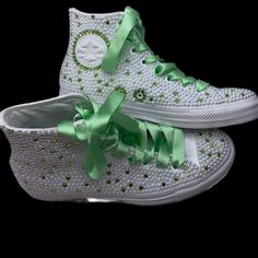 Welcome, Peridot Green Crystal Diamond & Pearls Converse, Strong And Permanent Design With Luxe Crystals White Pearls And Additional Ribbons Laces, Hightop Converse New With Box Comes With Green Ribbon Laces And Original Laces Women’s Sizes In Usa Sizing Choose Any Colour(S) Stones From The Chart Add To Bundle To Discuss Colour Changes Or Mixes Will Be Sent With Green Ribbon Laces Unless Any Changes Are Made Text Can Be Added Style Pictured; All White Monochrome High Top Converse Styles Availabl Bedded Converse, Spring Green Converse Sneakers, Bedazzled Converse, Converse New, Converse Style, Peridot Green, Cute Nike Shoes, Cute Nikes, Red Stripe