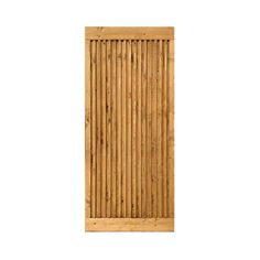 a wooden door with vertical slats on the side and bottom panel, in front of a white background