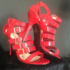 Wild Diva Brand New Red Vegan Patent Leather 4 Strap 4" Heels Size 7.5, They Have 4 Adjustable Silver Buckles And Zip Up The Back. These Are Brand New Without Tags And In Perfect Condition. These Are Super Cute And Sexy And Much Better Looking In Person Than Pictures Capture. Red Pointed Toe Heels With Buckle Closure, Red High Heels With Buckle Closure, Red High Heel Sandals With Buckle Closure, Red Ankle Strap Heels With Buckle Closure, Red Heels With Buckle Closure For Evening, Red Heels With Buckle Closure And Round Toe, Red Round Toe Heels With Buckle Closure, Red Heels With Buckle Closure, Red Heels With Heel Strap For Night Out