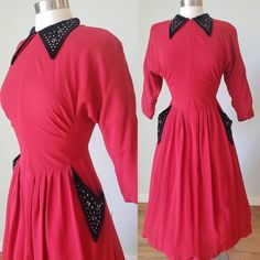 No labels or tags found  S i z e : medium 16" shoulder to shoulder edge (has medium shoulder pads), 38" bust, 28-29" waist, 42" hips, 16" shoulder to waist, 29" waist to hem * so adorable and great holiday dinner dress! * strawberry red rayon crepe fit and flare * dolman sleeves and collar is topped off with black velvet that is studded with rhinestones, to match the pockets on the skirt!  * under each bust are pin-tuck seams that extend up to bust, with an Art Deco flair  * skirt has pleats aro Flair Skirt, Kitty Girl, Art Deco Dress, Girl Vintage, 40s Fashion, Retro Clothing, Rayon Dress, Dinner Dress, Holiday Dinner