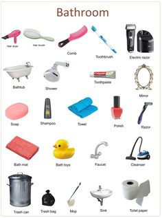 there are many different types of bathroom items on this page, including toiletries and bathtubs