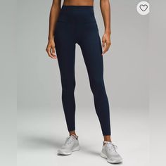 Full Length Navy Wunder Under Tights From Lululmeon. Discontinued Style In Luxtreme Fabric. More Compression Than Align Pants. Size 2. Lululemon Leggings Navy, Lululemon Tights, Lulu Pants, Navy Blue Leggings, Lululemon Outfits, Navy Leggings, Lululemon Align, Lululemon Leggings, Cute Fits