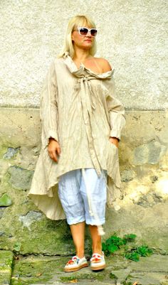 "Summer Pants Set, Linen Outfit, Women Set Of 2 New summer collection! 100% LINEN pants and silk cotton maxi tunic. Plus size SET. Extravagant loose beige shirt,or tunic , so elegant and comfortable. Light blue linen pants. Perfect solution for your everyday outfit. Extremely beautiful and extravagant clothing. Extravagant set. Quality LINEN fabric. Update your wardrobe.You will be happy with this garment. it is an artistic and easy to mix. Beige is the color that goes all. The cut is very conve Spring Relaxed Fit Tunic With Pockets, Spring Tunic With Pockets And Relaxed Fit, Summer Lagenlook Tunic For Daywear, Summer Daywear Lagenlook Tunic, Oversized Beige Tunic For Spring, Summer Long Sleeve Tunic With Pockets, Spring Lagenlook Long Tunic, Linen Outfit Women, Light Blue Linen Pants