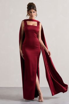 Intuition | Burgundy Satin Square-Neck Split Maxi Dress With Scarf Burgundy Silk Dress Long, Dresses With Neck Scarf, Satin Square Neck Dress, Burgundy Grad Dress, Neck Scarf Dress, Maxi Dress With Scarf, Trust Intuition, Square Neck Maxi Dress, Dress With Scarf