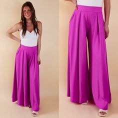 Model is wearing a pair of purple pants with pleated detail on the front and a super wide leg. Model has it paired with a white tank top, ivory heels, and silver jewelry. Magenta Purple, Giddy Up Glamour, All Shapes, New Pant, Leg Pants, Wide Leg Pants, Zip Ups, Wide Leg, Blazer