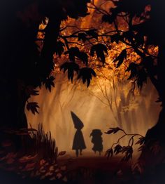 two children are walking through the woods at night