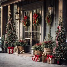 christmas trees and presents are on the porch