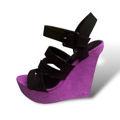 Brand New Never Worn Black And Purple Suede Size 8 Casual Purple Synthetic Heels, Casual Purple Heels, Black Strappy Wedges, Qupid Shoes, Purple Suede, Strappy Wedges, Black And Purple, Womens Shoes Wedges, Purple Black