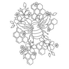 a drawing of a bee and flowers on a white background with hexagons