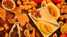 an assortment of fruits and nuts on a table