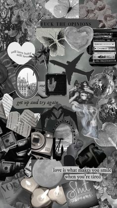 black and white collage with lots of different things on it's side, including pictures