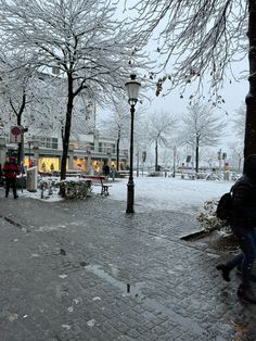 people are walking in the snow on a city street with benches and trees covered in snow