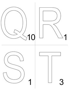 four squares with the letters q, r, and t on them in black and white