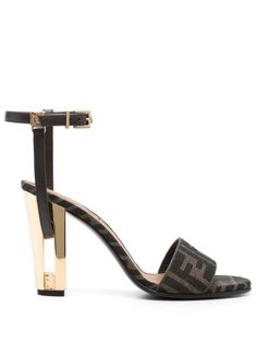 brown signature Zucca monogram pattern leather trim open toe buckle-fastening ankle strap cut-out detailing high heel gold-tone hardware Couture Red Dress, Fendi Heels, Fendi Sandals, Shoes Affordable, Shoes Sneakers Nike, Sandals Brown, Elegant Bags, Footbed Sandals, Fendi Shoes