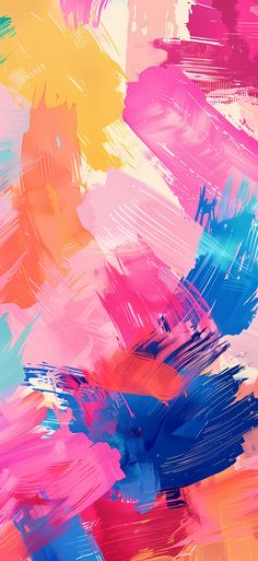 an abstract painting with bright colors and brush strokes in pink, blue, yellow, orange, red