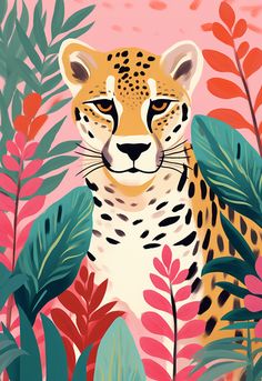 Cheetah Print Jungle Poster Minimal Leopard Illustration Art, Tropicalia Art, Tropical Jungle Illustration, Leopard Illustration, Cheetah Drawing, Jungle Poster, Leopard Drawing, Colorful Animal Paintings