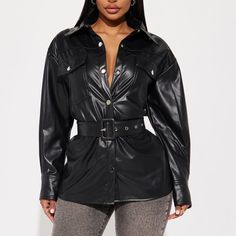 New Never Been Used Size Small Product Details Faux Leather Shirt Collar Long Sleeve Belted Button Front 2 Front Pockets Shell: 100% Polyester Coating: 100% Polyurethane Imported Leather Shirt Jacket, Faux Leather Shirt, Black Leather Pants, Leather Shirt, Shirt Collar, Leather Jackets, Black Faux Leather, Shirt Jacket, Fashion Nova