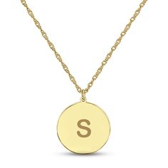 Express yourself with this simple yet stunning necklace, which features a disc customized with your initial. Styled in 14K yellow gold, the pendant sways from an 18-inch rope chain that secures with a spring ring clasp. Minimalist Yellow Gold Coin Necklace With Initial Pendant, Minimalist Yellow Gold Initial Pendant Coin Necklace, 14k Gold Monogram Initial Round Pendant Necklace, Yellow Gold Round Initial Necklace, 14k Yellow Gold Initial Pendant Coin Necklace, 14k Gold Round Disc Initial Necklace, 14k Gold Round Initial Necklace, Personalized Yellow Gold Round Initial Necklace, Personalized Yellow Gold Coin Necklace